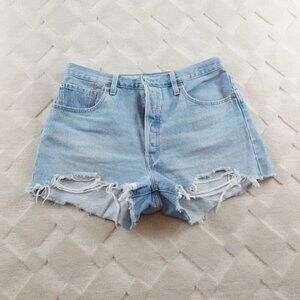 Levi's 501 High Rise Shorts Womens 33 Distressed Blue Denim Button Fly